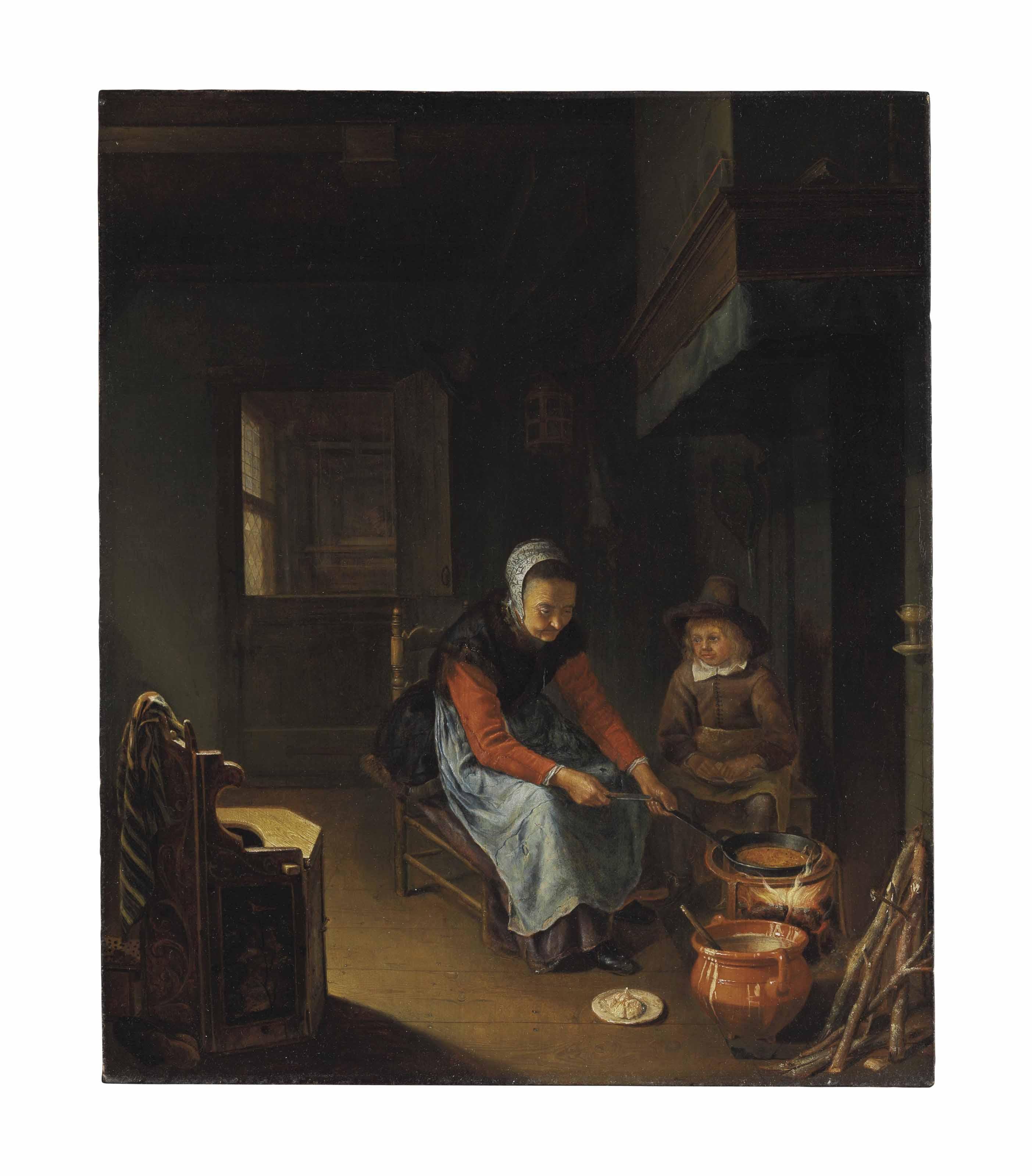 Pieter van Slingeland - A Woman Cooking Pancakes With A Young Boy Before A Hearth