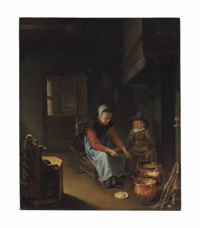 Pieter van Slingeland - A Woman Cooking Pancakes With A Young Boy Before A Hearth