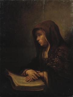 Pieter Verelst - An old woman seated at a table with her hands resting on an open book