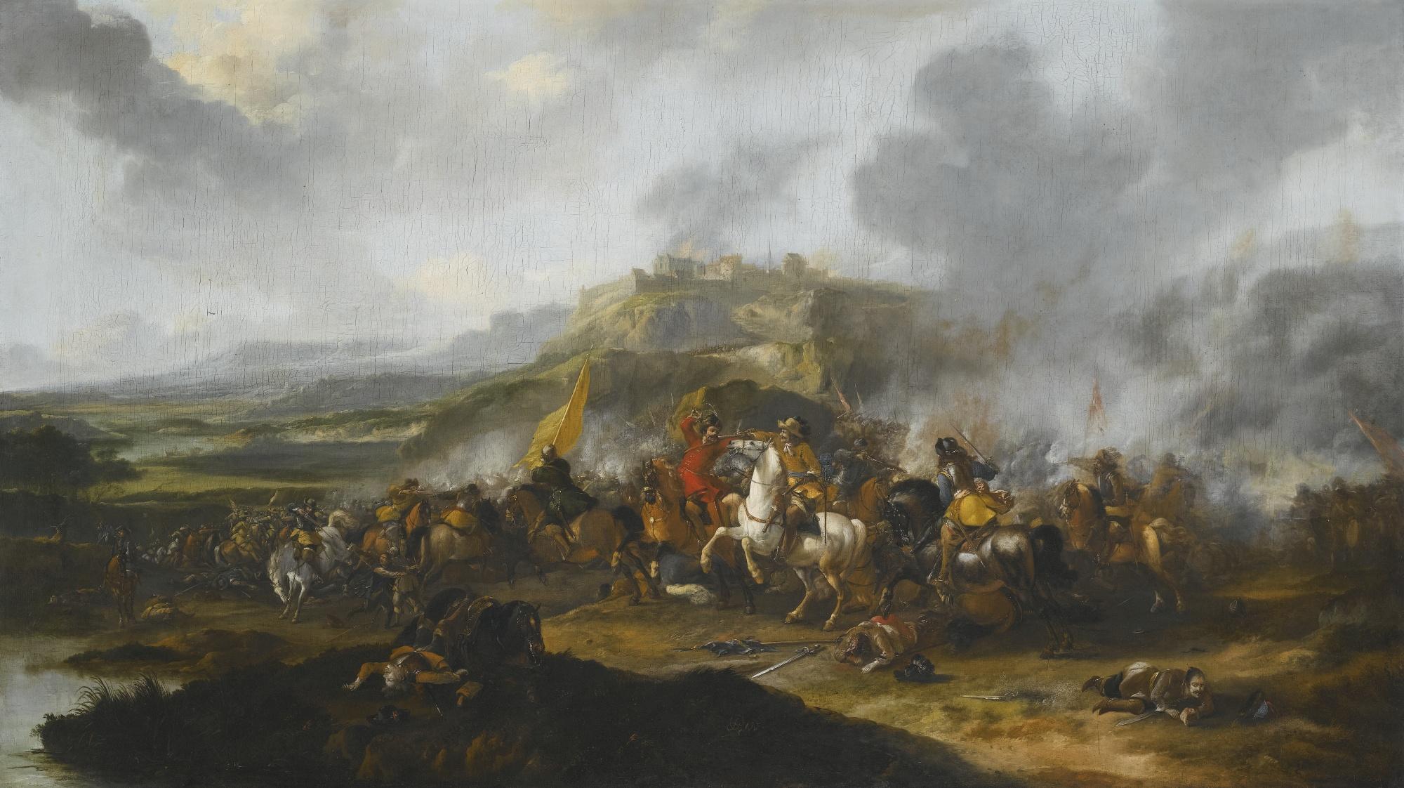 Pieter Wouwerman - A Cavalry Battle Before A Fortified Hill-Town