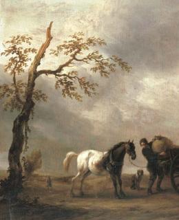 Pieter Wouwerman - A horse stalling with a peasant loading a cart in a landscape