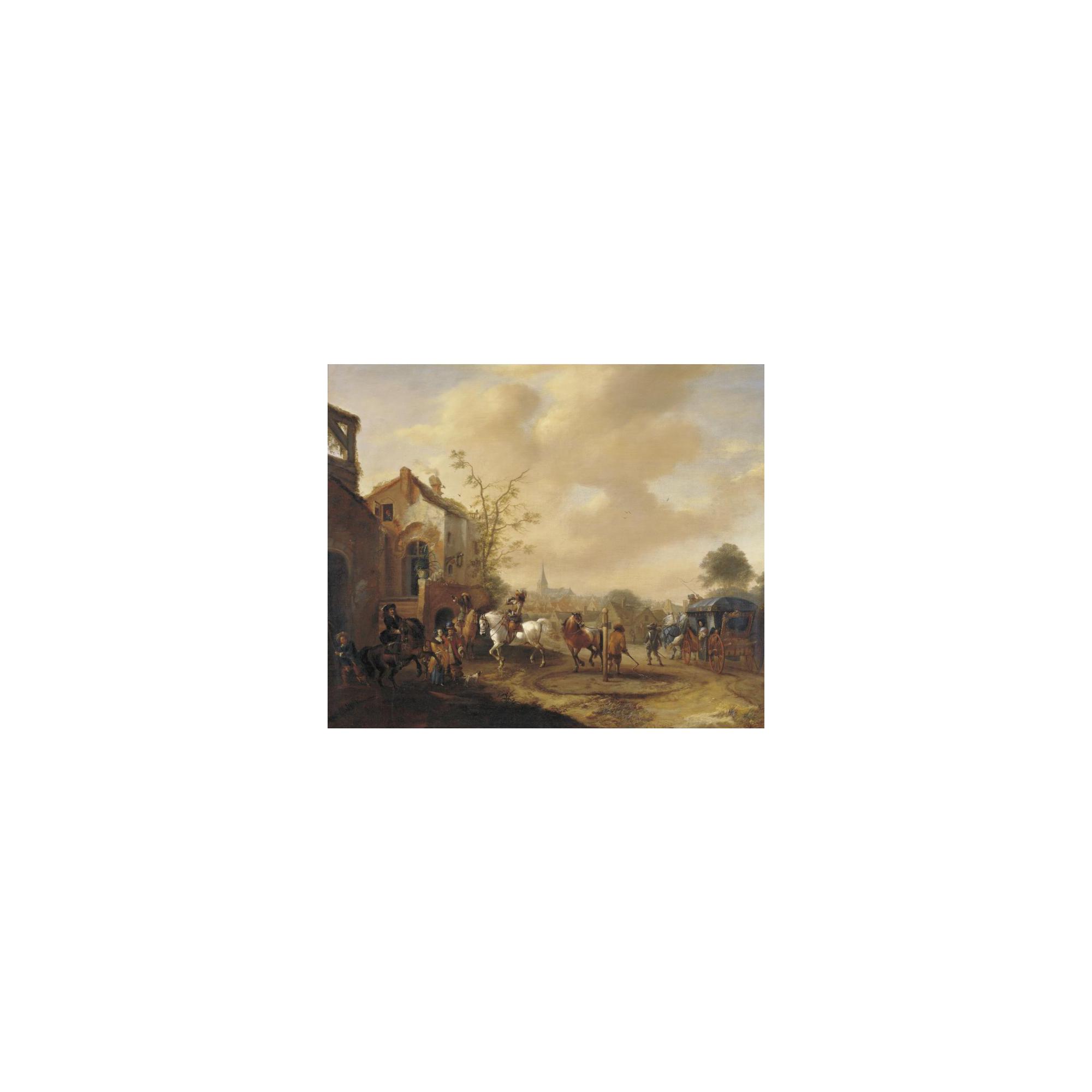 Pieter Wouwerman - A Party Of Horsemen Arriving At A House With A Coach Passing By Towards A Town