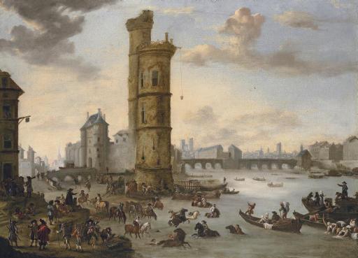 Pieter Wouwerman - Horsemen Bathing Their Mounts At The Tour De Nesle With The Porte De Nesle And The Pont-Neuf Beyond, Paris