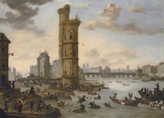 Pieter Wouwerman - Horsemen Bathing Their Mounts At The Tour De Nesle With The Porte De Nesle And The Pont-Neuf Beyond, Paris