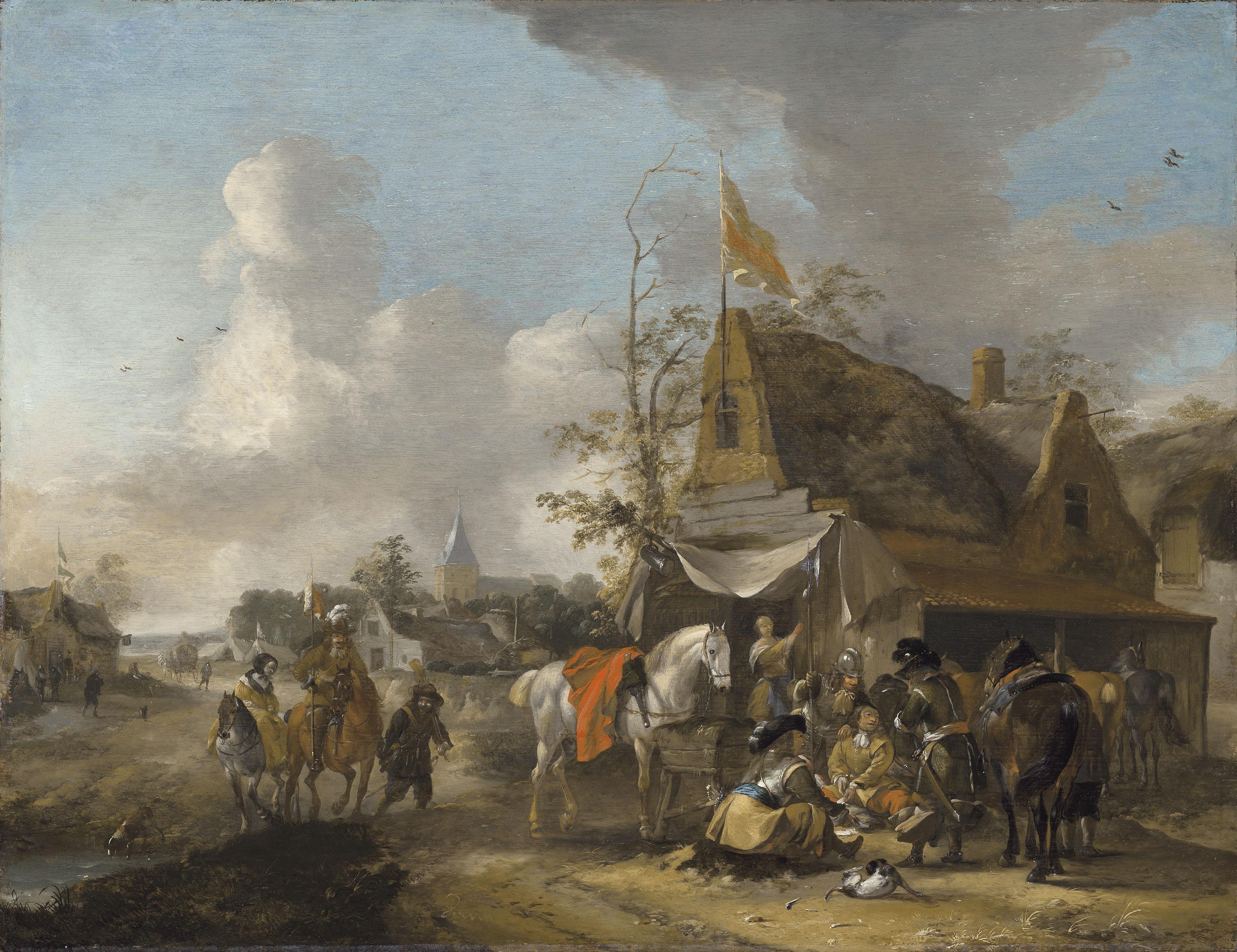 Pieter Wouwerman - Soldiers playing cards outside an inn