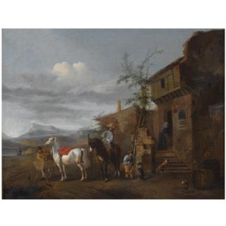 Pieter Wouwerman - Two Horsemen Halting Outside An Inn, A Young Boy Playing With A Dog, An Angler At A Lake In The Distance