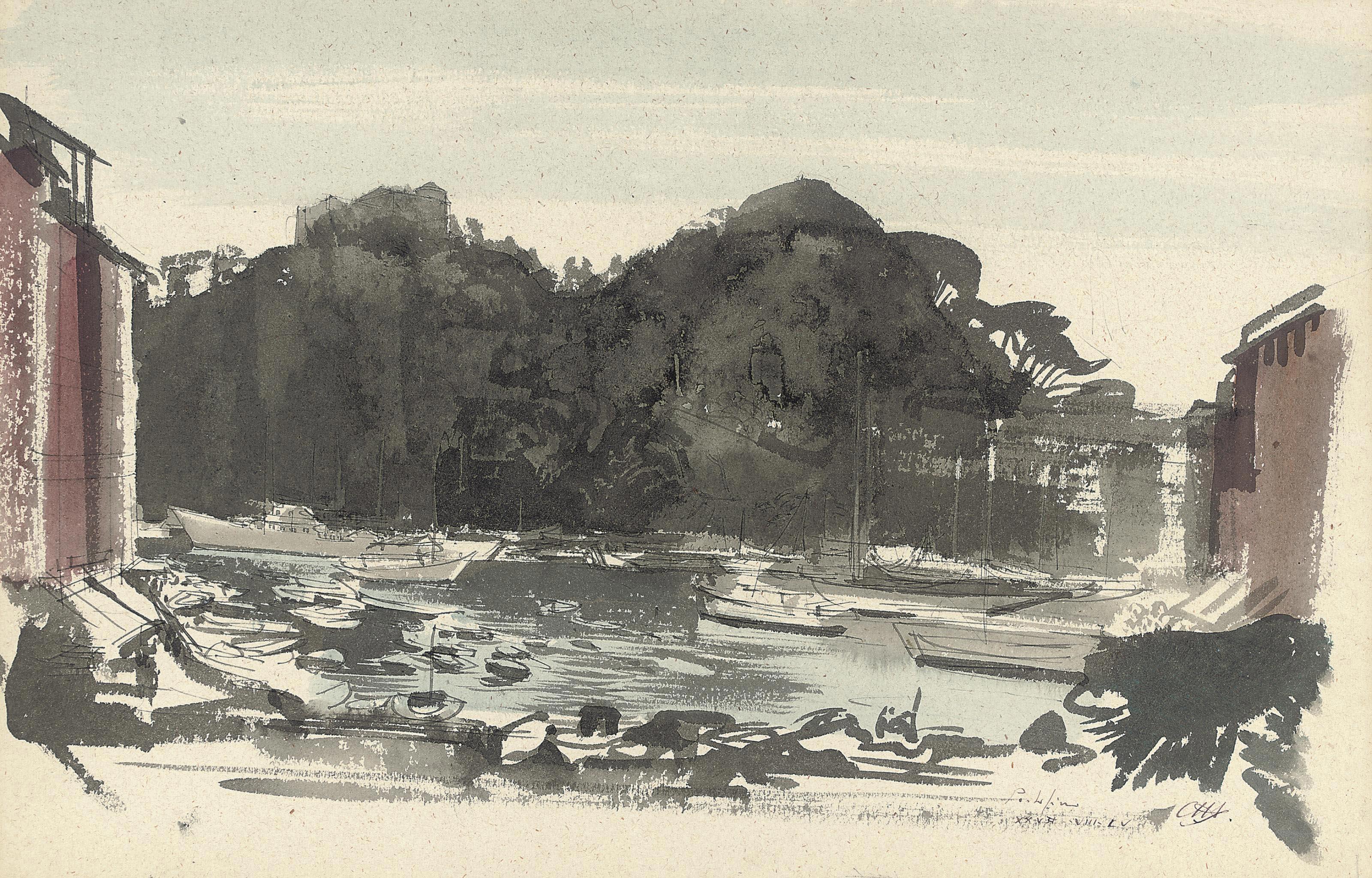 Pietro Annigoni - The harbour at Portofino on a summer\'s day