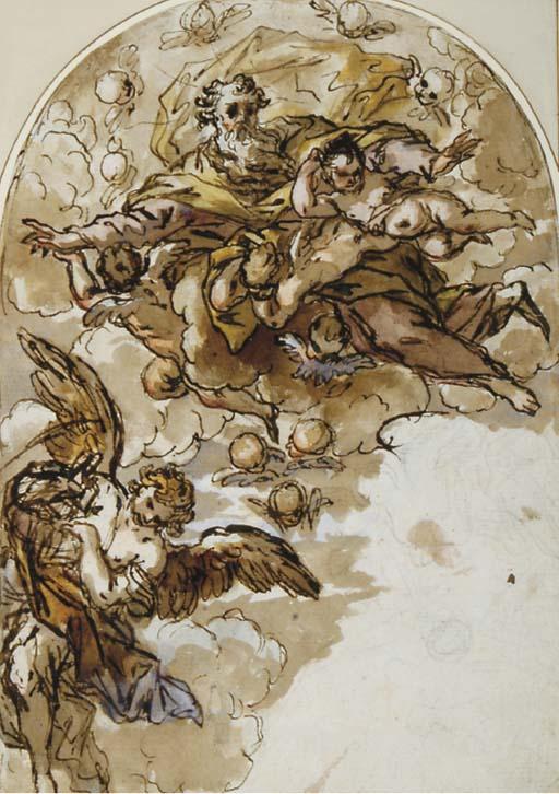 Pietro Antonio de Pietri - God the Father supported by Putti and an angel (recto); A man kneeling seen from behind flanked by two saints (verso)