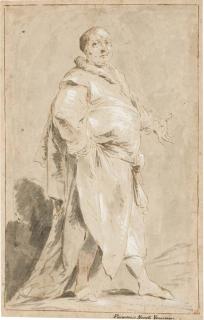 Pietro Antonio Novelli - Homme debout vêtu d\'un manteau, le bras gauche tendu, l\'autre posé sur la hanche et vu de trois-quarts vers la droite