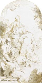 Pietro Antonio Novelli - The Holy Family Enthroned In The Clouds, With A Monk In Adoration