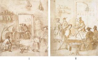 Pietro Antonio Novelli - The interior of an inn during Carnival with a waiter drawing wine from a barrel; and The interior of an inn with figures seated at a table