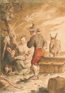 Pietro Antonio Novelli - Une Femme Nourrissant Un Enfant Avec Un Homme, Un Âne Au Fond Dans Un Paysage