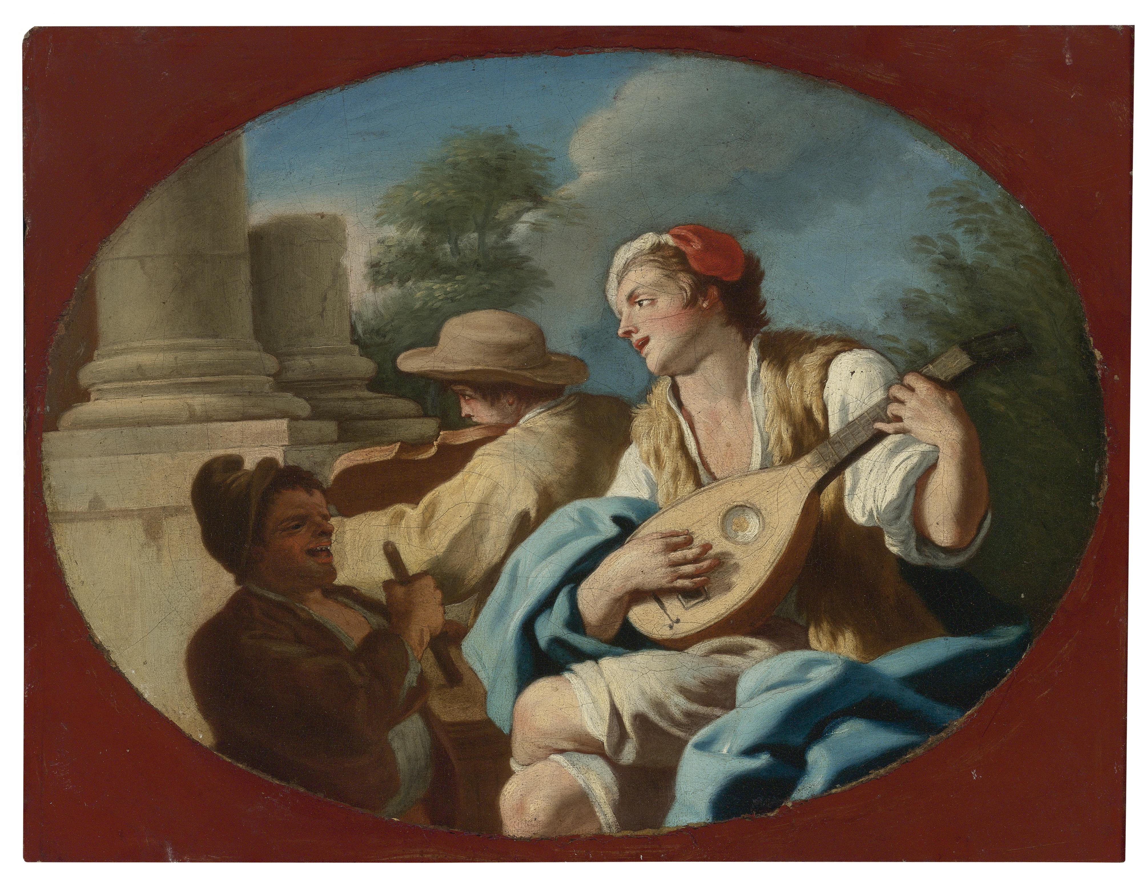 Pietro Bardellino - A Young Lady Playing A Tambourine With Two Girls Playing The Castanets; A Young Man Playing The Lute With Others Playing A Violin And A Rommelpot