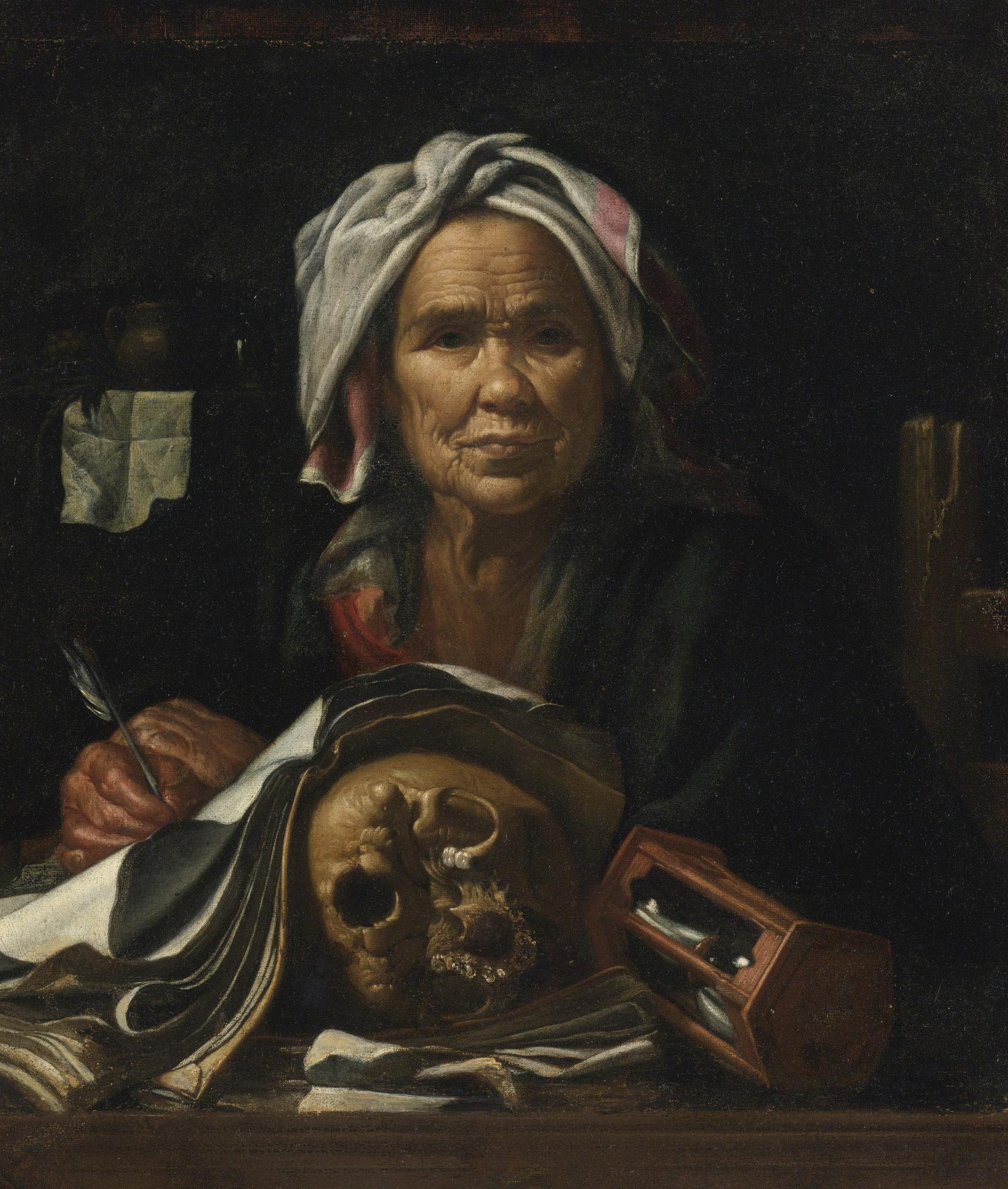 Pietro Bellotti - An Old Philosopher At Her Desk, With A Vanitas Skull And An Hourglass