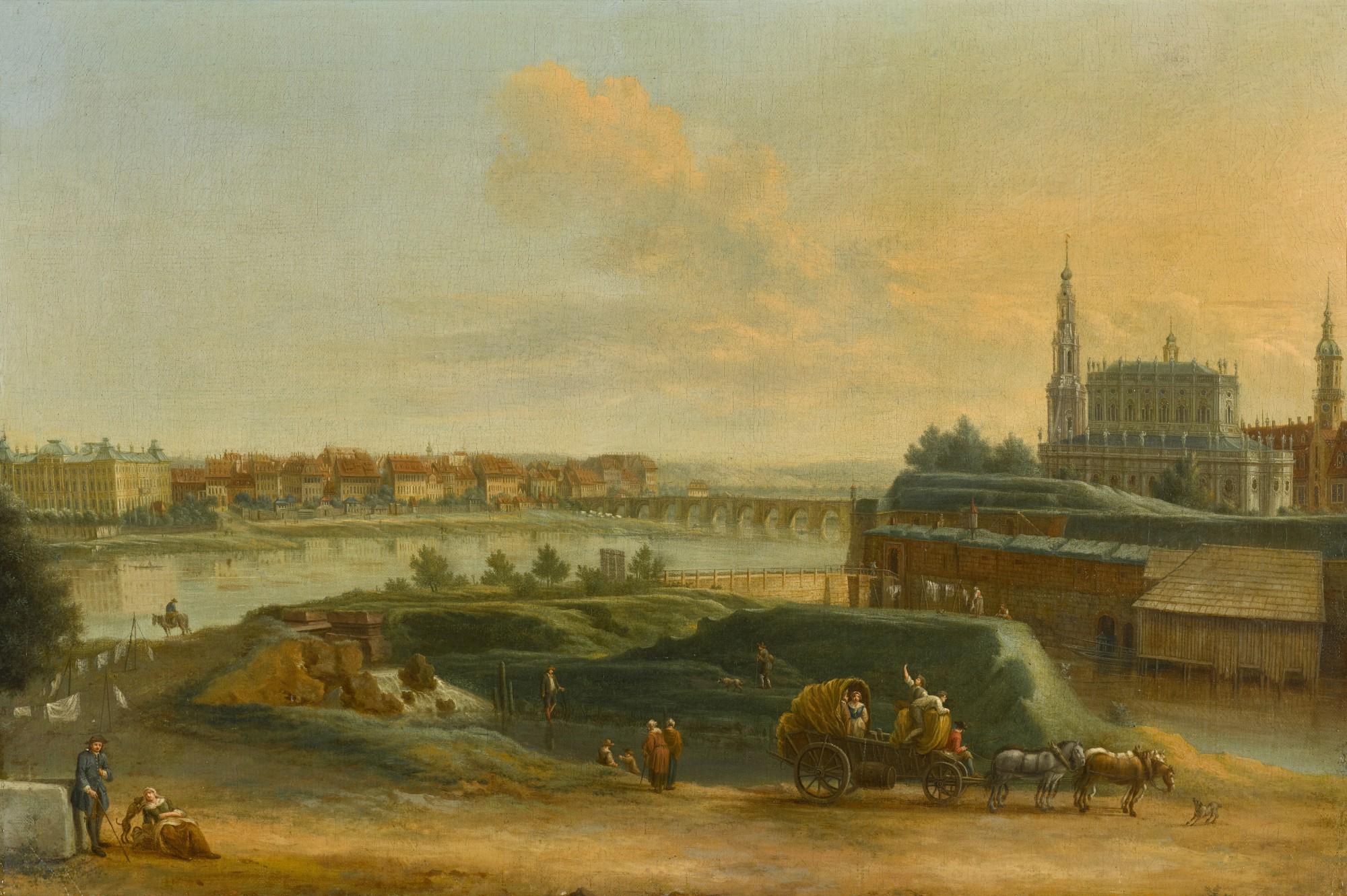 Pietro Bellotti - Dresden, a view from the left bank of the Elbe with the Augustus Bridge and the Hofkirche