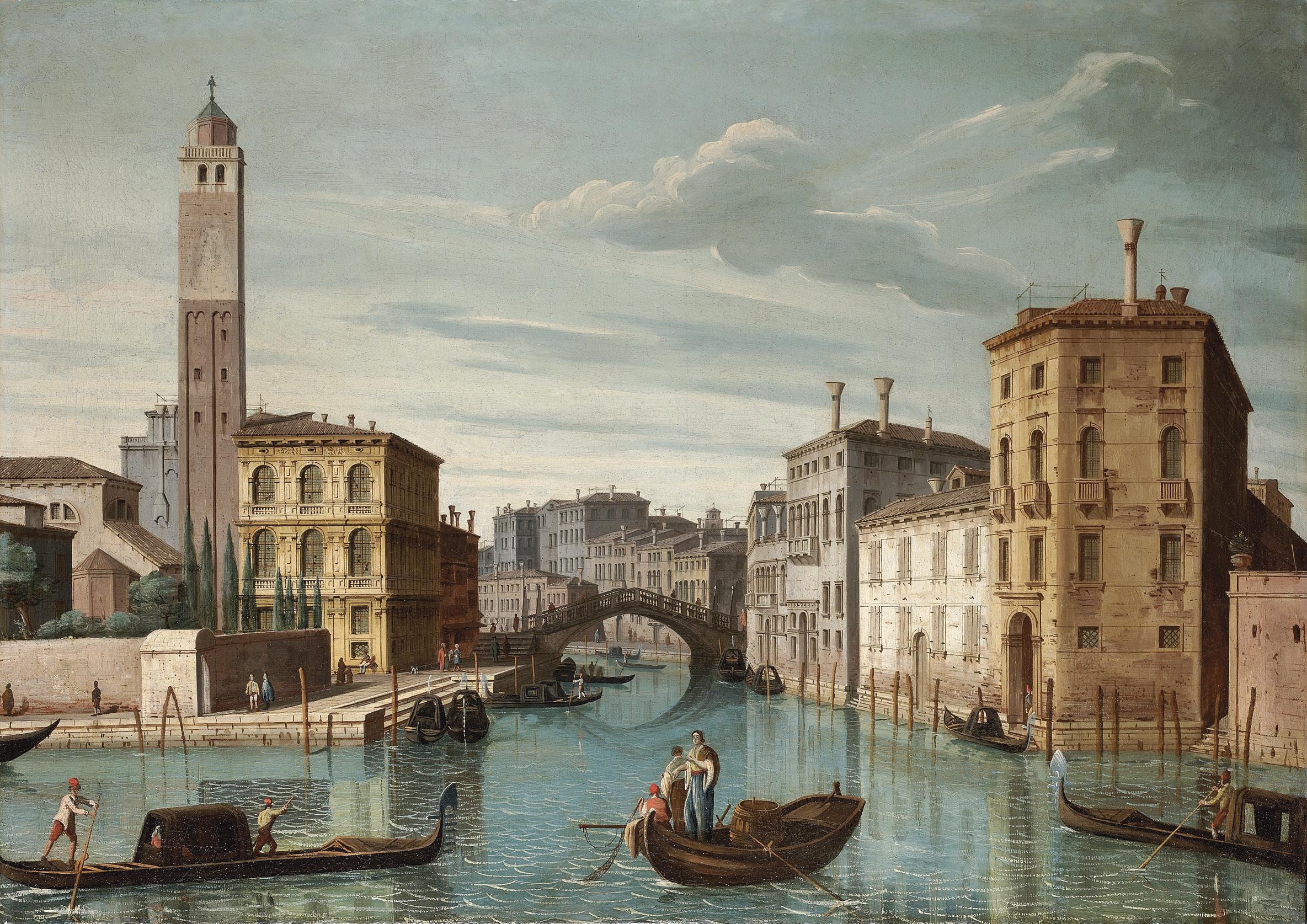 Pietro Bellotti - The entrance to the Cannareggio, Venice, with the Church of San Geremia and the Rialto Bridge