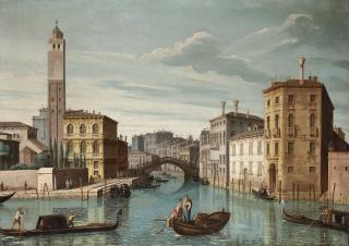 Pietro Bellotti - The entrance to the Cannareggio, Venice, with the Church of San Geremia and the Rialto Bridge