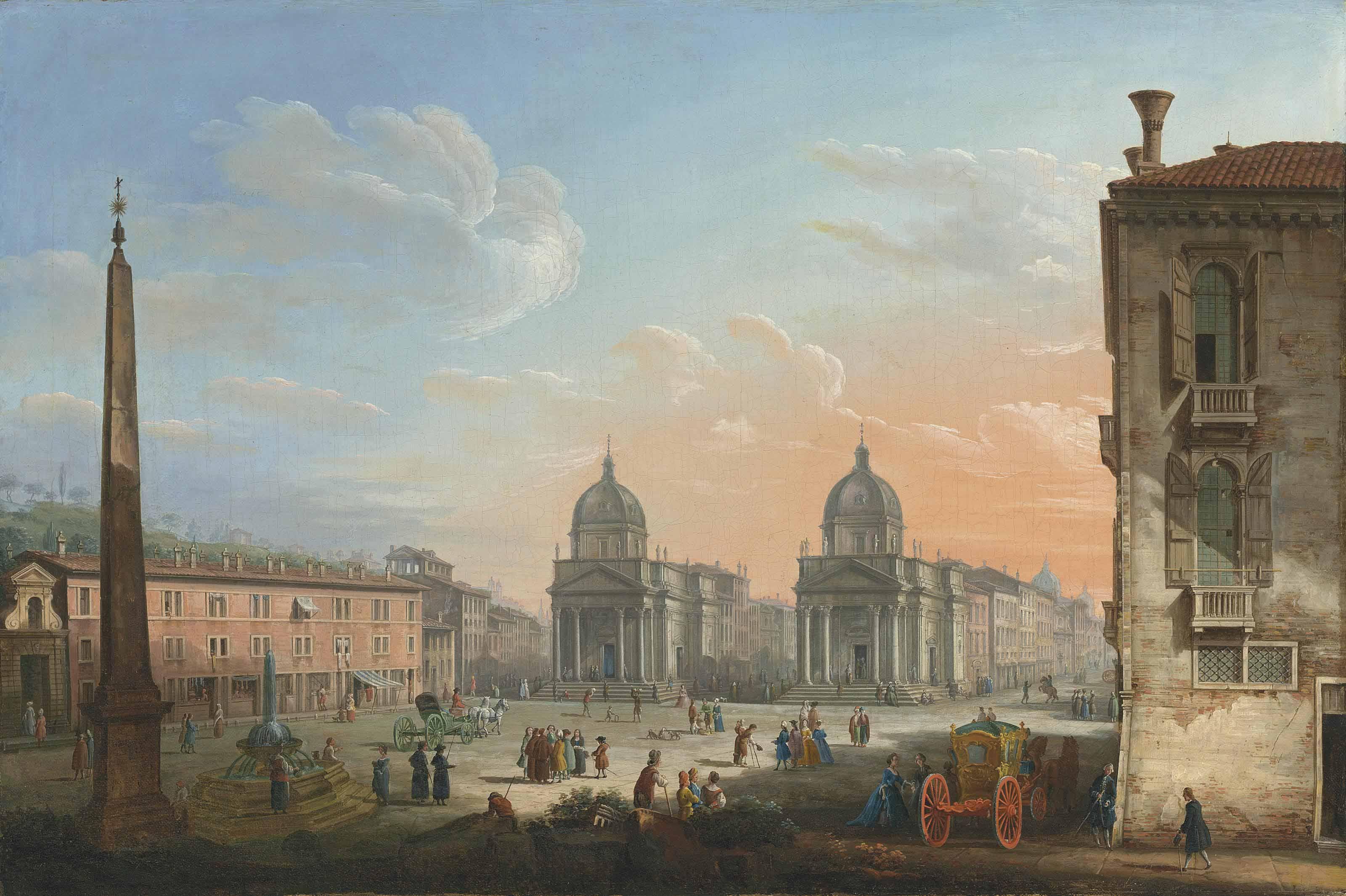 Pietro Bellotti - The Piazza del Popolo, Rome, looking towards the churches of Santa Maria di Montesanto and Santa Maria dei Miracoli