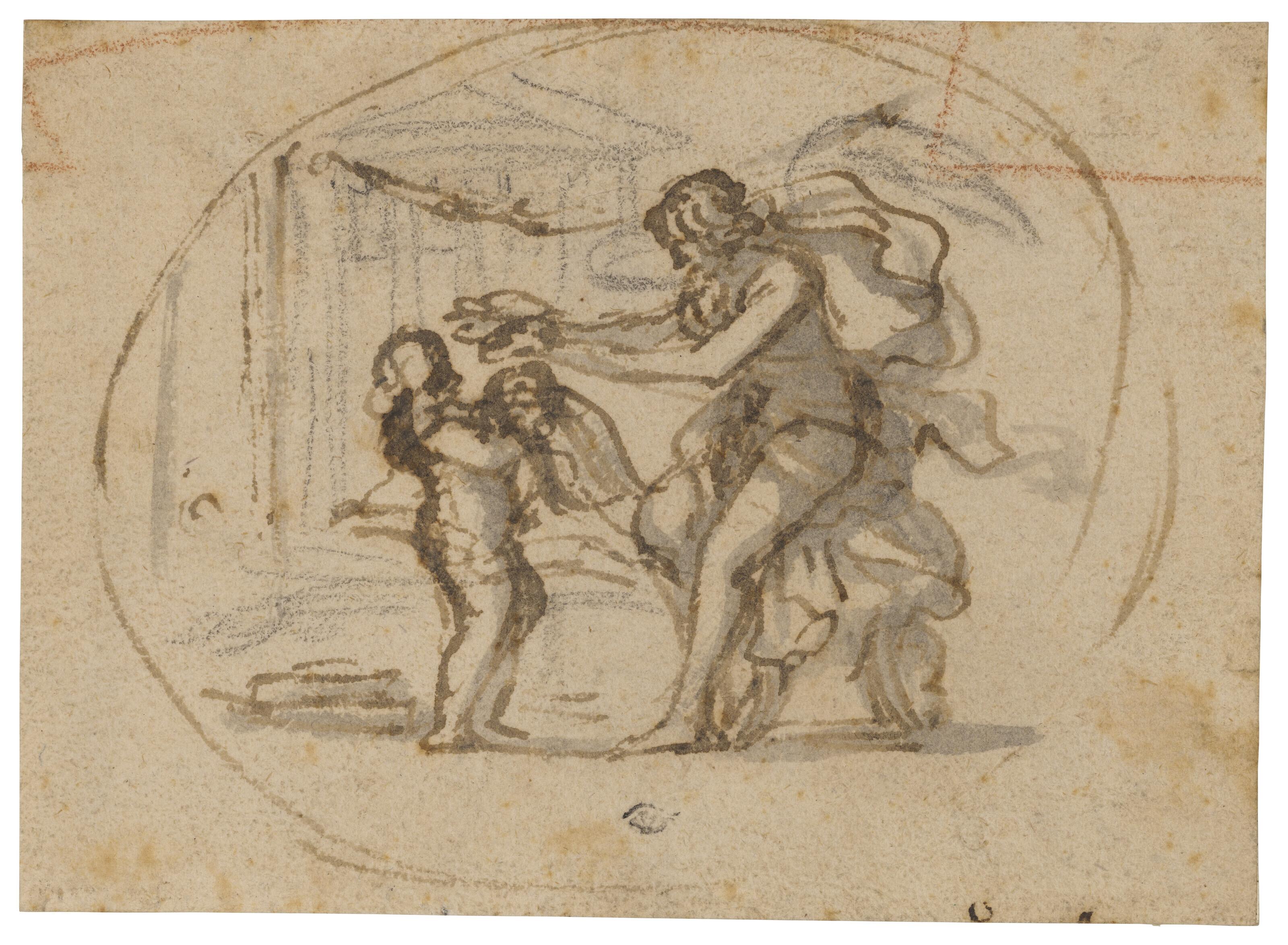 Pietro Berrettini - Femme drapée présentant une couronne de laurier à un putto, un temple à l\'arrière-plan