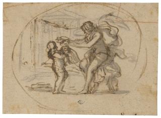 Pietro Berrettini - Femme drapée présentant une couronne de laurier à un putto, un temple à l\'arrière-plan