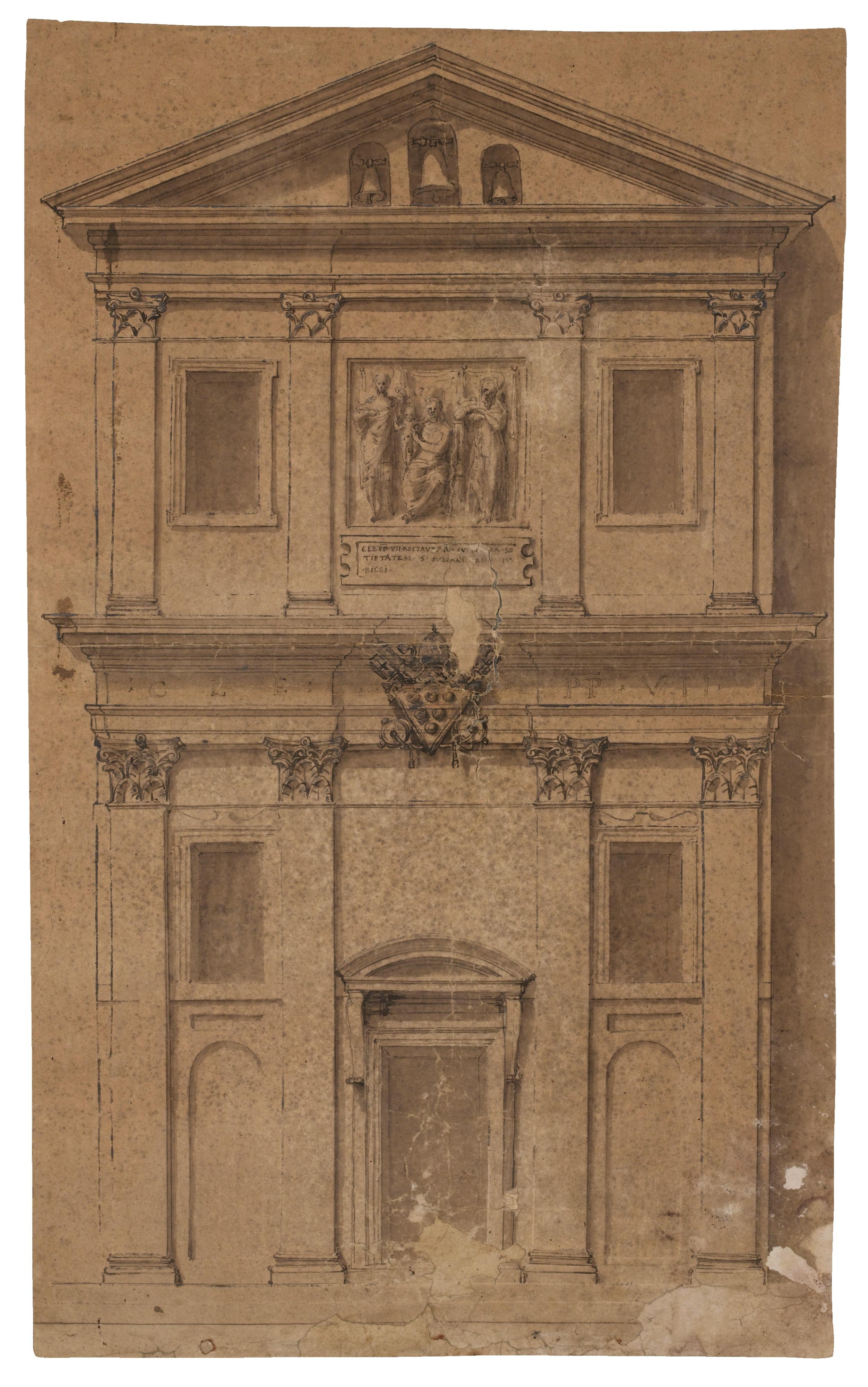 Pietro Buonaccorsi - A Design For The Façade Of A Small Church With The Madonna And Child And Two Saints And The Coat-Of-Arms Of Clement Vii, Medici