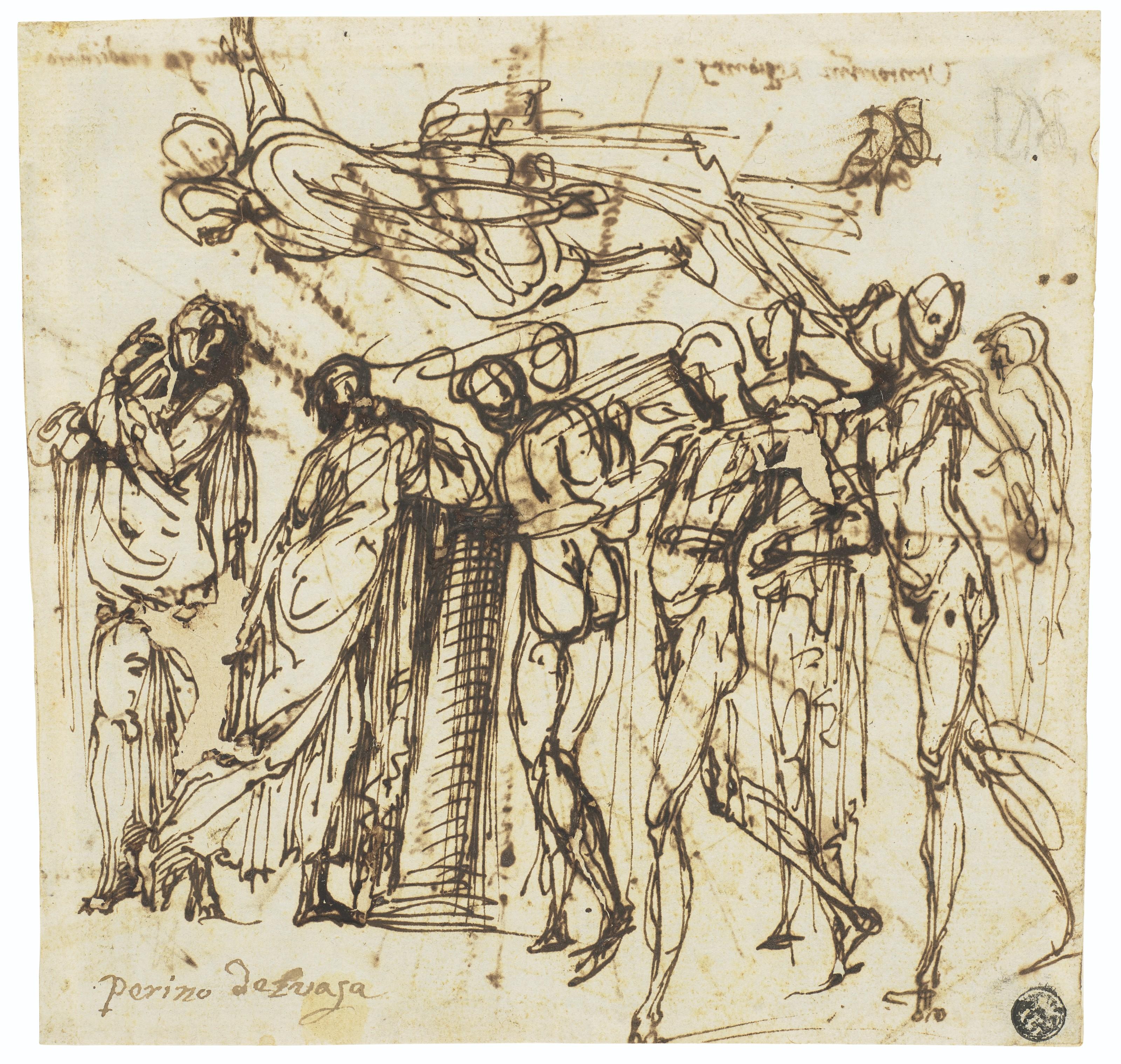 Pietro Buonaccorsi - A group of male figures (recto); A map of the winds (verso)