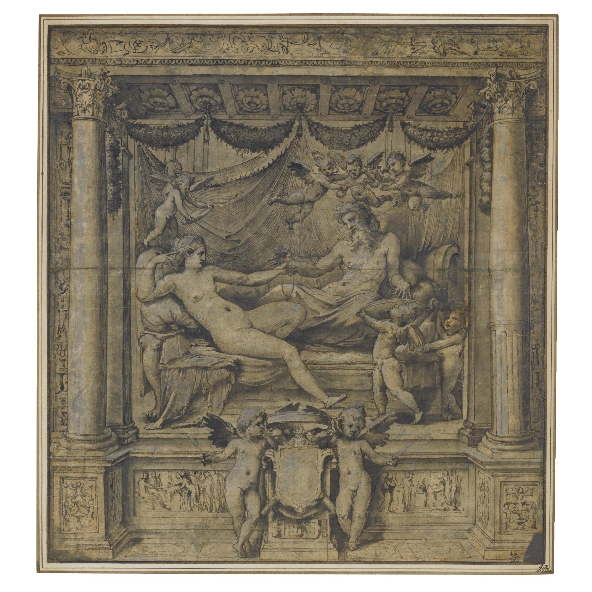 Pietro Buonaccorsi - Jupiter And Juno Reclining In An Alcove Attended By Amorini, Two Others Holding A Heraldic Shield Below 
