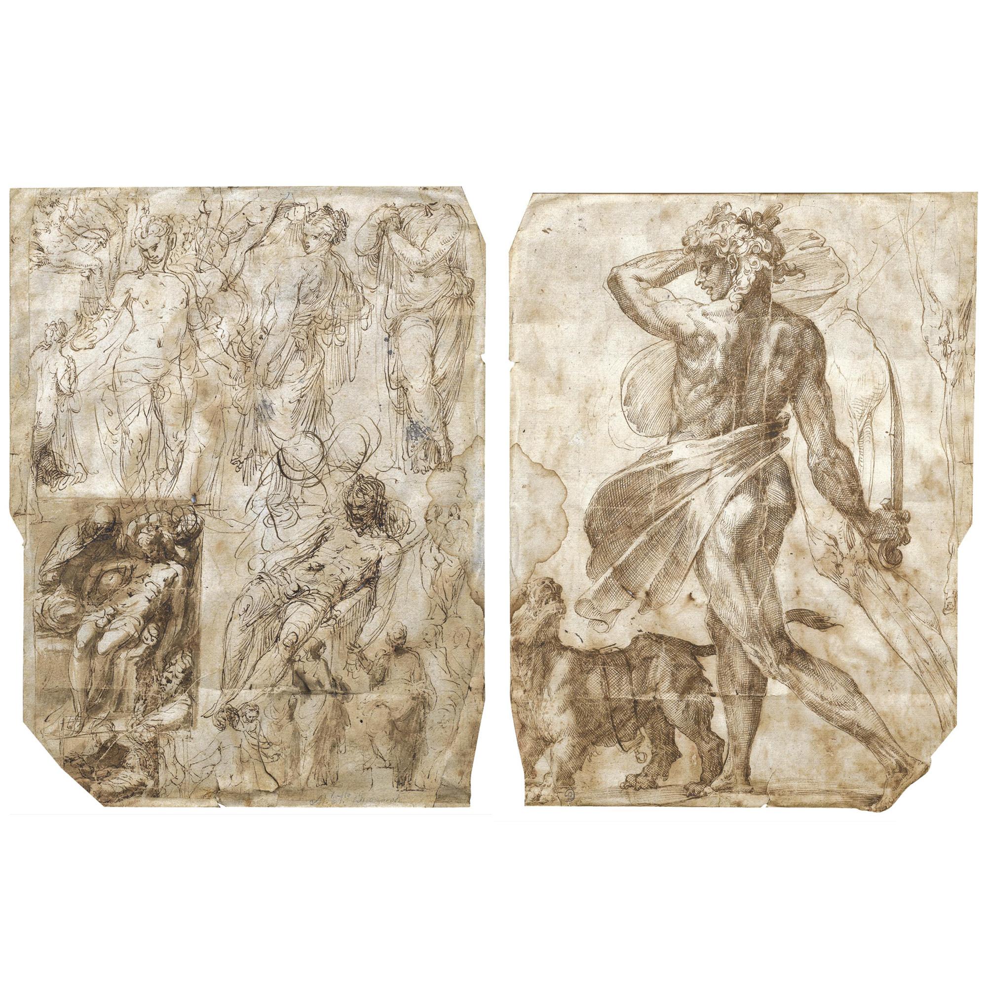 Pietro Buonaccorsi - Recto: Sheet Of Studies Including A Pietà And Several Figures; Verso: A Nude Man, Almost In Profile, Standing Beside A Lion And Holding A Sword, With Two Separate Studies Of A Right Leg
