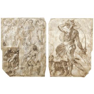 Pietro Buonaccorsi - Recto: Sheet Of Studies Including A Pietà And Several Figures; Verso: A Nude Man, Almost In Profile, Standing Beside A Lion And Holding A Sword, With Two Separate Studies Of A Right Leg