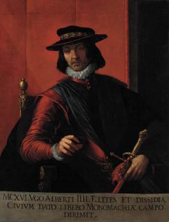 Pietro Damini - Fantasy portrait of Ugo Alberti IV, seated, half-length, with a sword