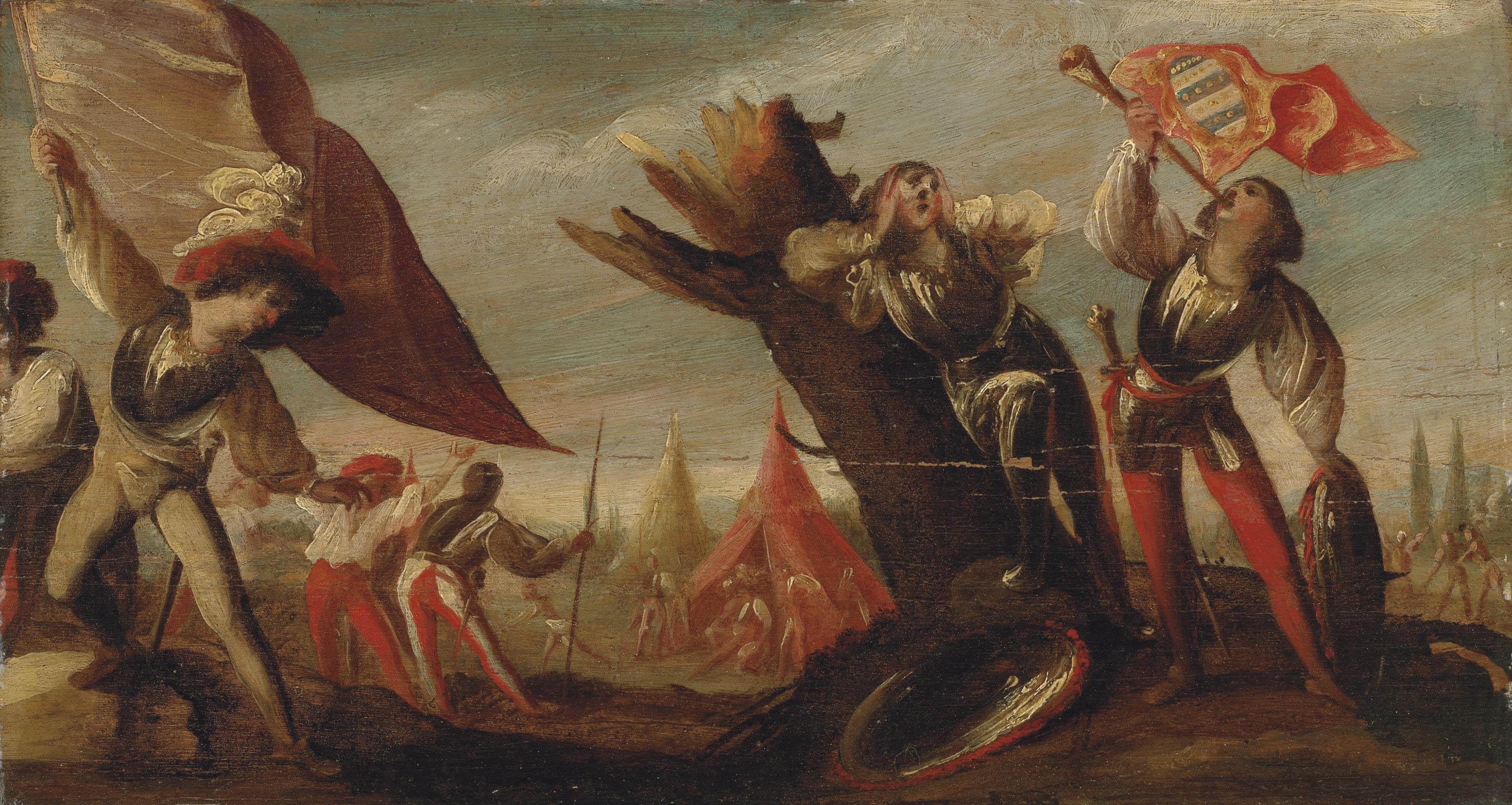 Pietro de Muttoni - A landscape with a soldier sounding a trumpet and a standard bearer, a military encampment beyond