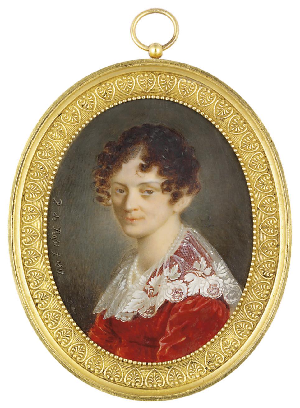 Pietro De Rossi - A young lady, in red velvet dress with falling lace collar, double-strand of pearls about her neck, brown upswept hair dressed in ringlets
