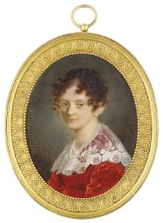 Pietro De Rossi - A young lady, in red velvet dress with falling lace collar, double-strand of pearls about her neck, brown upswept hair dressed in ringlets