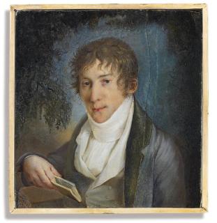 Pietro De Rossi - Count Kyrill Alekseevich Razumovskii (1780-1829), in blue coat with green lapels and collar, pale grey waistcoat, white shirt, holding a book; landscape background