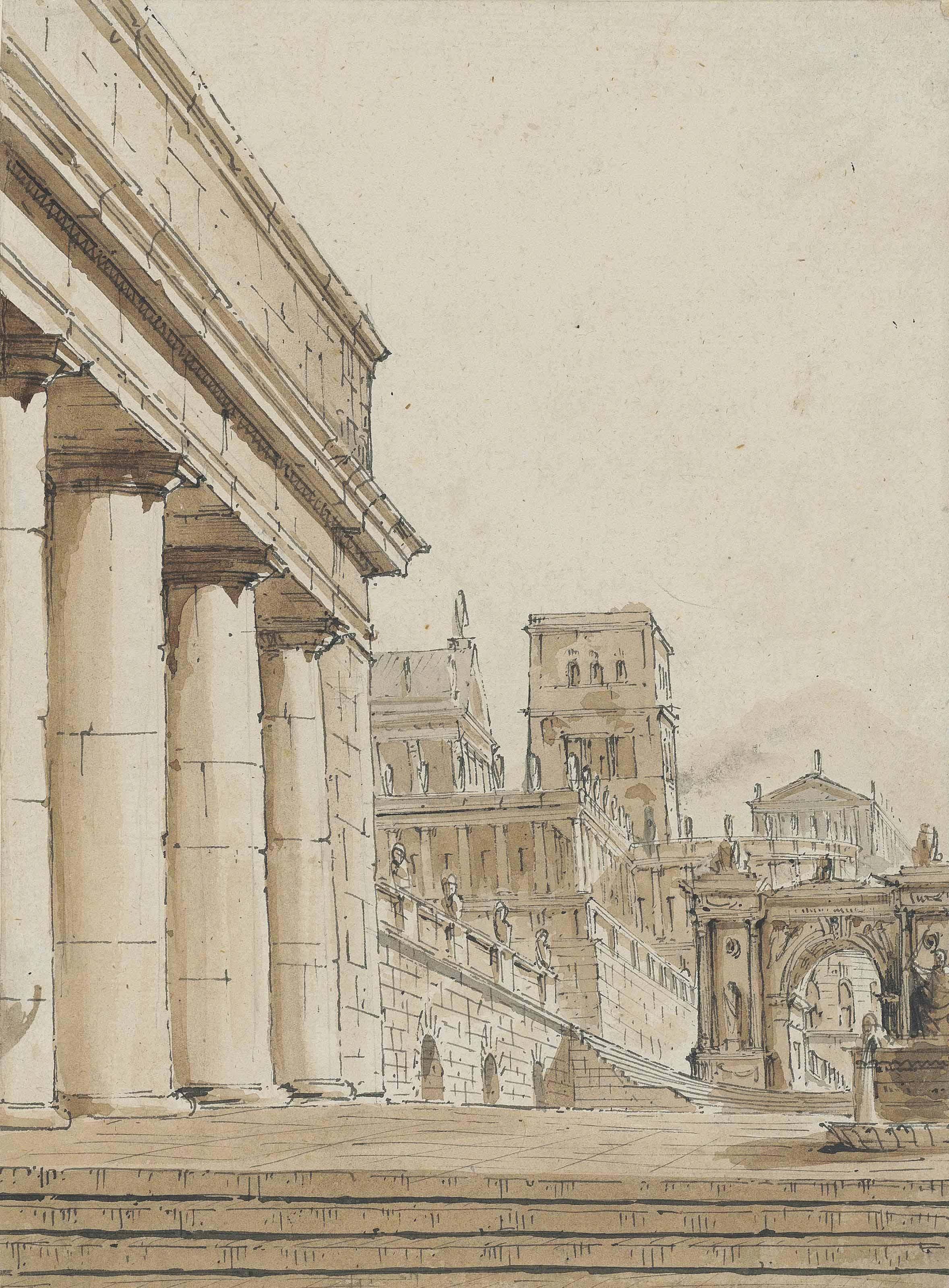 Pietro Di Gottardo Gonzaga - A Capriccio With A Temple On The Left And A Triumphal Arch In The Background