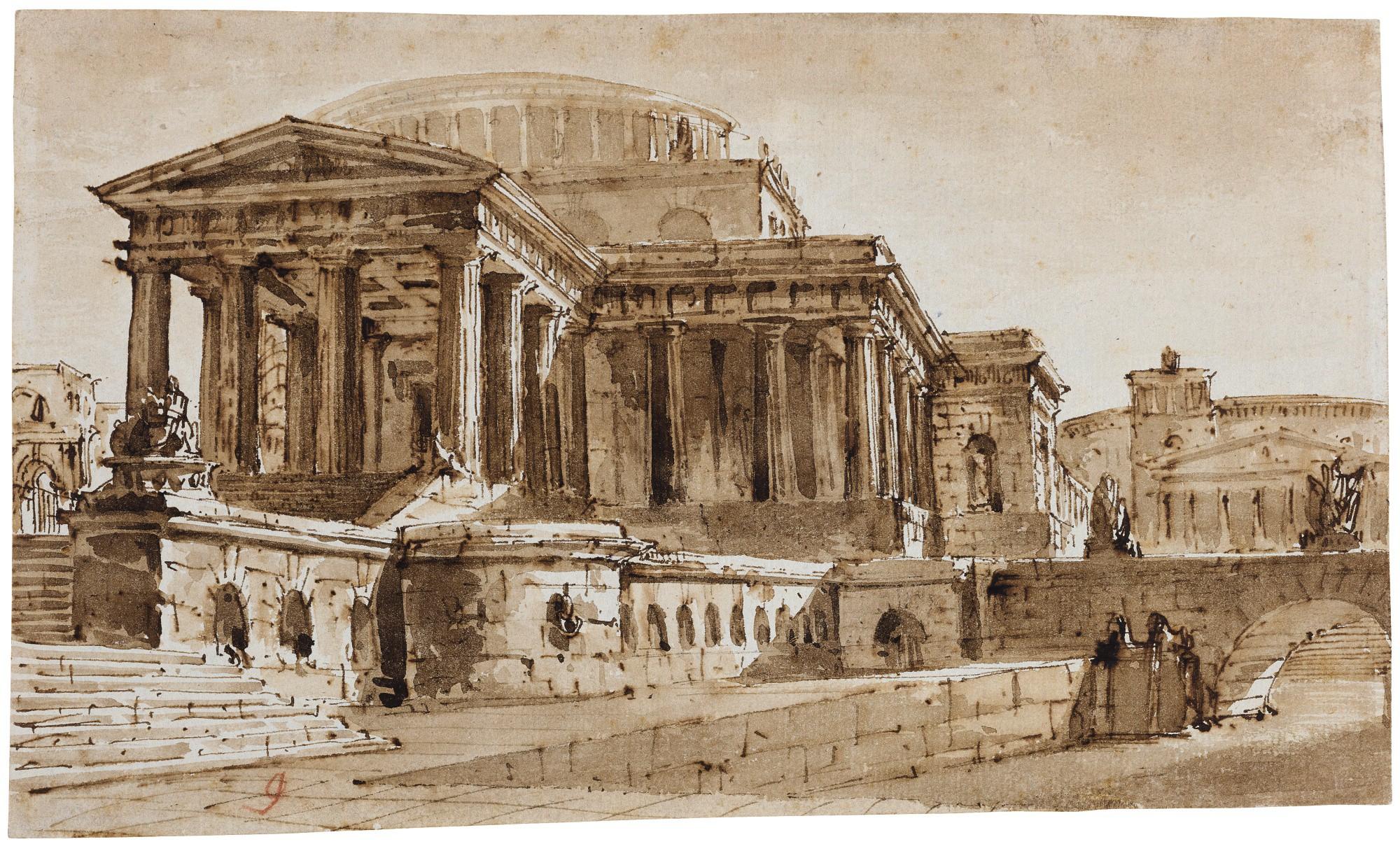 Pietro Di Gottardo Gonzaga - Two Set Designs: A) Classical Buildings By A Quay, A Bridge To The Right B) Classical Buildings With Four Busts On Plinths In The Foreground