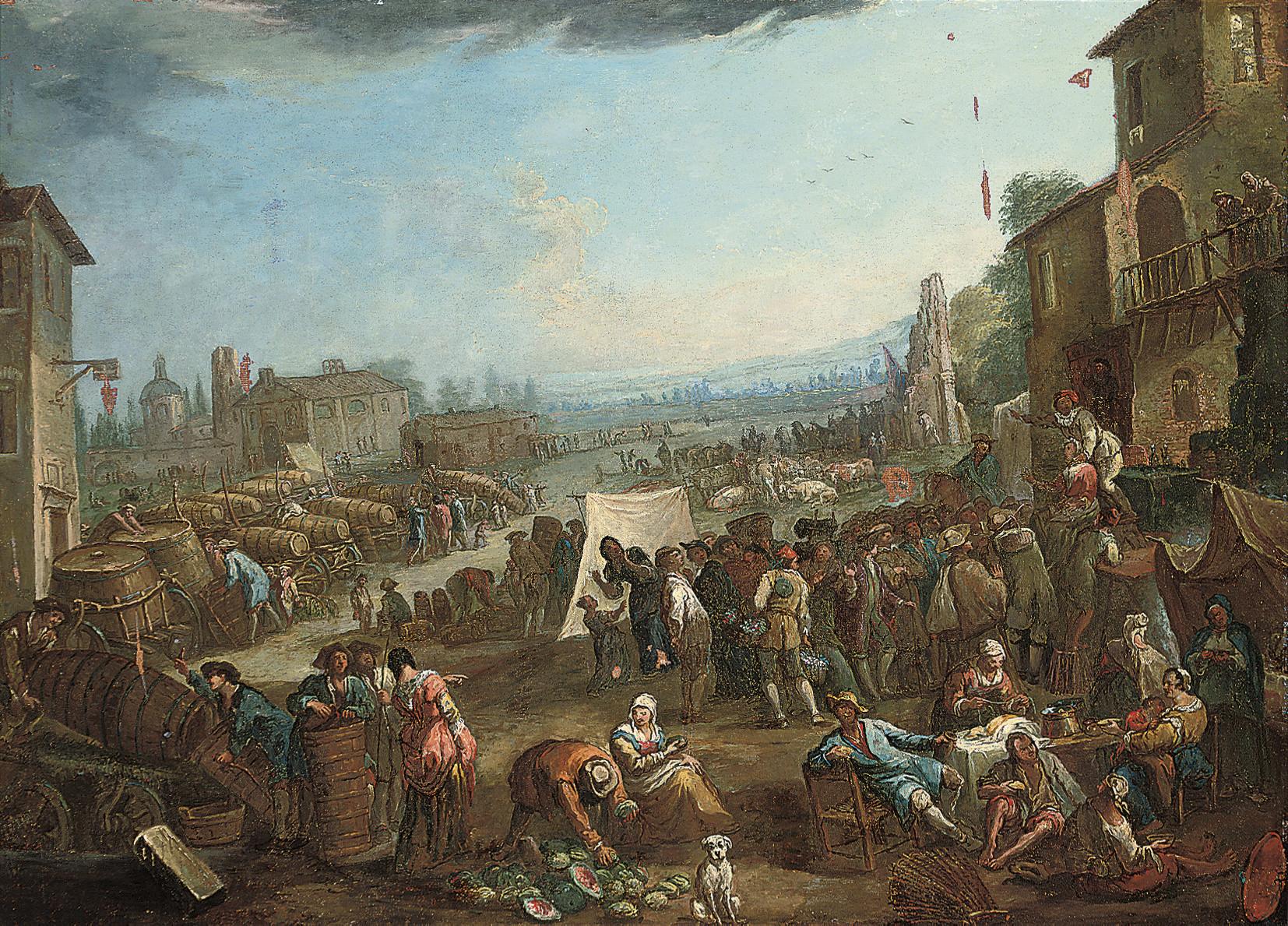 Pietro Domenico Olivero - A market in a town, a landscape beyond