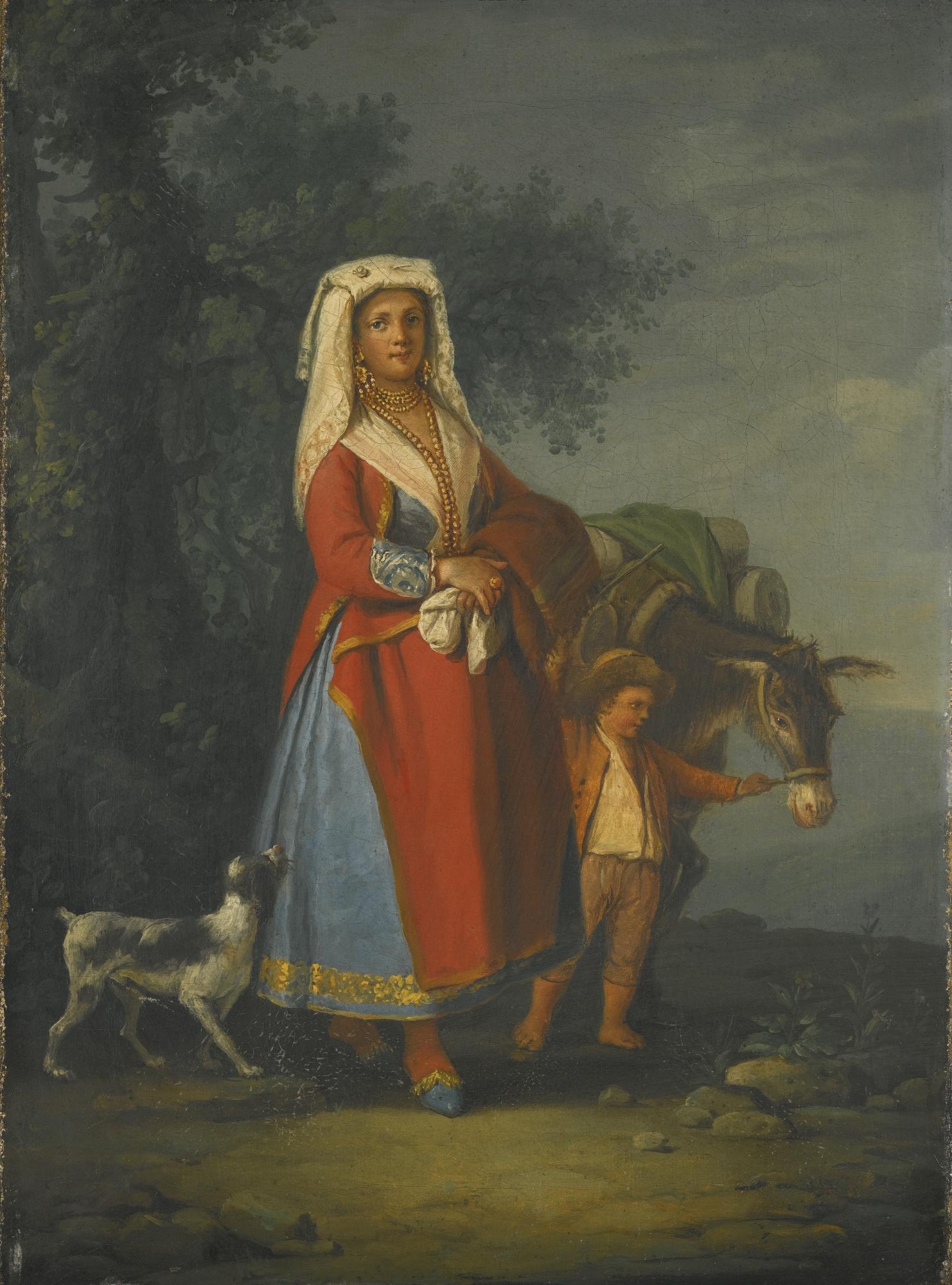 Pietro Fabris - A Lady In The Traditional Dress Of The Island Of Ischia Together With A Boy Holding A Donkey In A Landscape