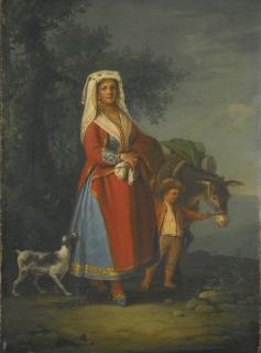 Pietro Fabris - A Lady In The Traditional Dress Of The Island Of Ischia Together With A Boy Holding A Donkey In A Landscape