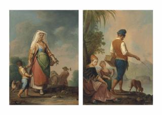 Pietro Fabris - A Mother And Child In Neapolitan Dress Gathering Vegetables, A Farmer Harvesting Beyond; And A Family In Traditional Neapolitan Dress Fishing Beside A River, A Mountainous Landscape Beyond