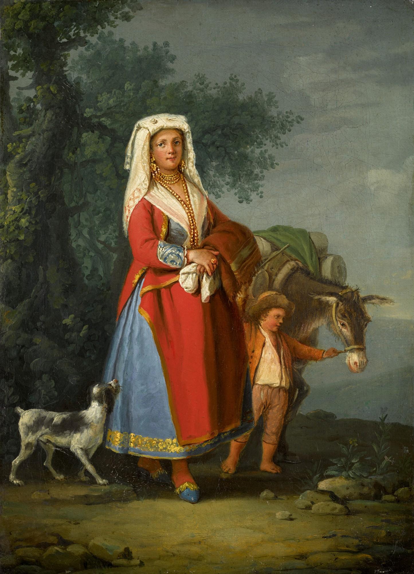 Pietro Fabris - A Young Girl In Traditional Neapolitan Dress In A Landscape, Together With A Young Boy And A Donkey