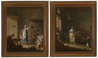 Pietro Fabris - An interior scene with a young woman spinning yarn, a cobbler, a young girl feeding chickens, and a woman picking lice; and An interior scene with a young woman sweeping, and a cooper