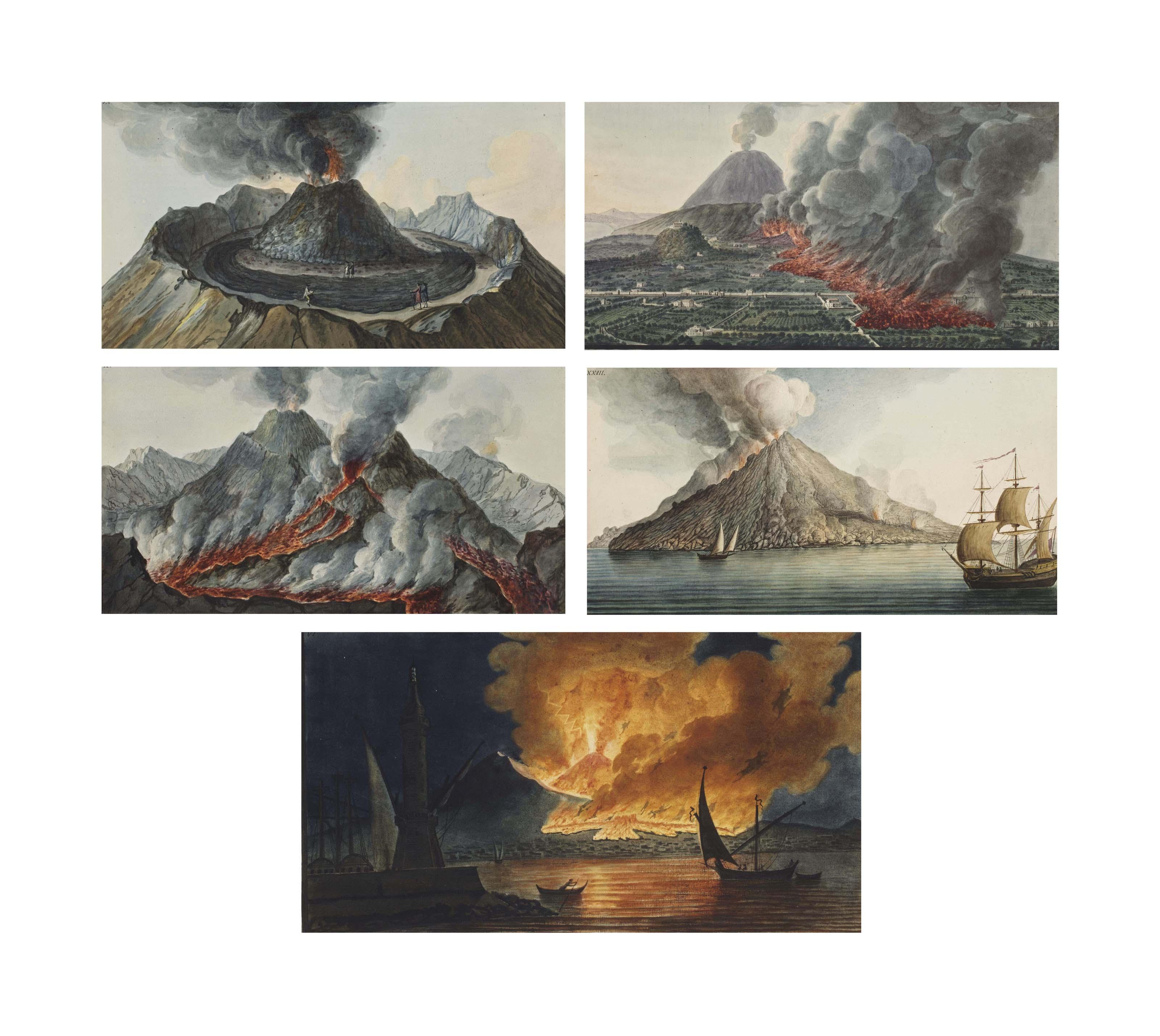 Pietro Fabris - Huit Planches Aquarellées De Volcans En Éruption Provenant De L\'Ouvrage \'Campi Phlegraei. Observations On The Volcanoes Of The Two Sicilies As They Have Been Communicated To The Royal Society Of London\' Par Sir William Hamilton