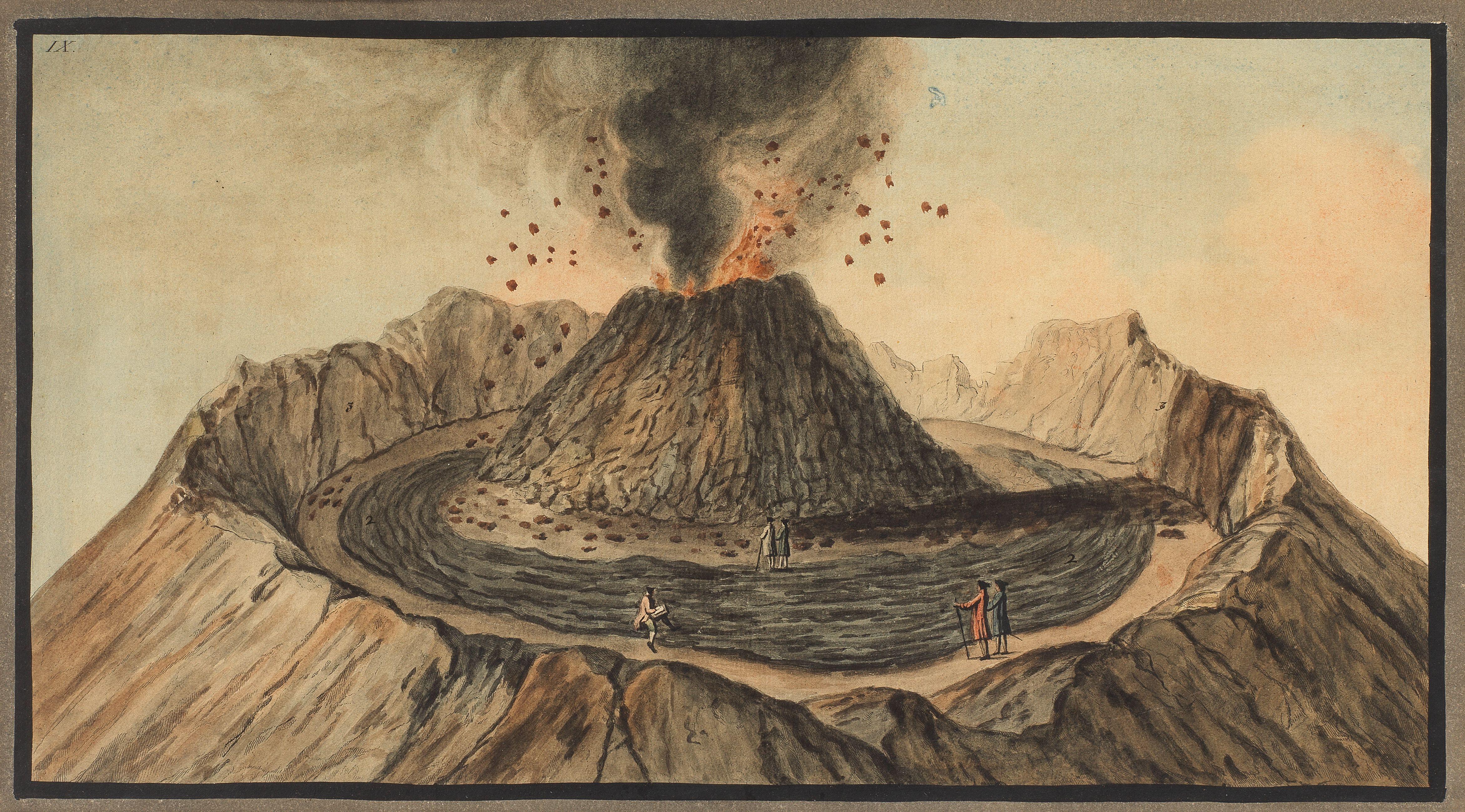 Pietro Fabris - Interior of Crater of Vesuvius with spectators, from the Campi Phlegraei, plate IX