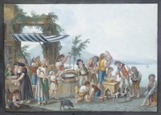 Pietro Fabris - Les mangeurs de spaghettis sur la baie de Naples, le Vésuve au fond