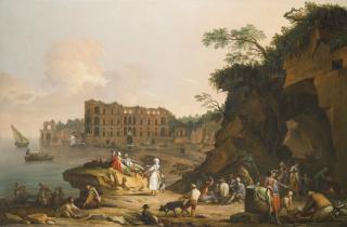Pietro Fabris - Naples, A View Of Mergellina And The Palazzo Donn\'Anna Beyond, With Fishermen Drawing Their Catch, Peasants Grilling Fish And Other Figures Conversing