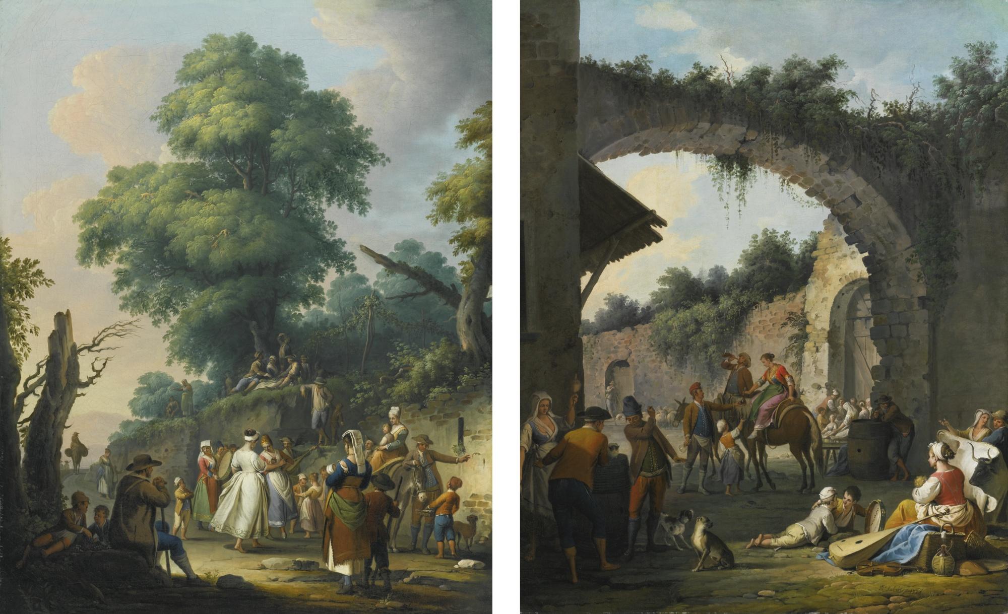 Pietro Fabris - Peasants Dancing And Playing Music Along A Country Road; Peasants Gathered Under A Stone Arch