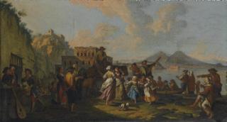 Pietro Fabris - Tarantella a Palazzo Donn\'Anna sullo sfondo del Vesuvio