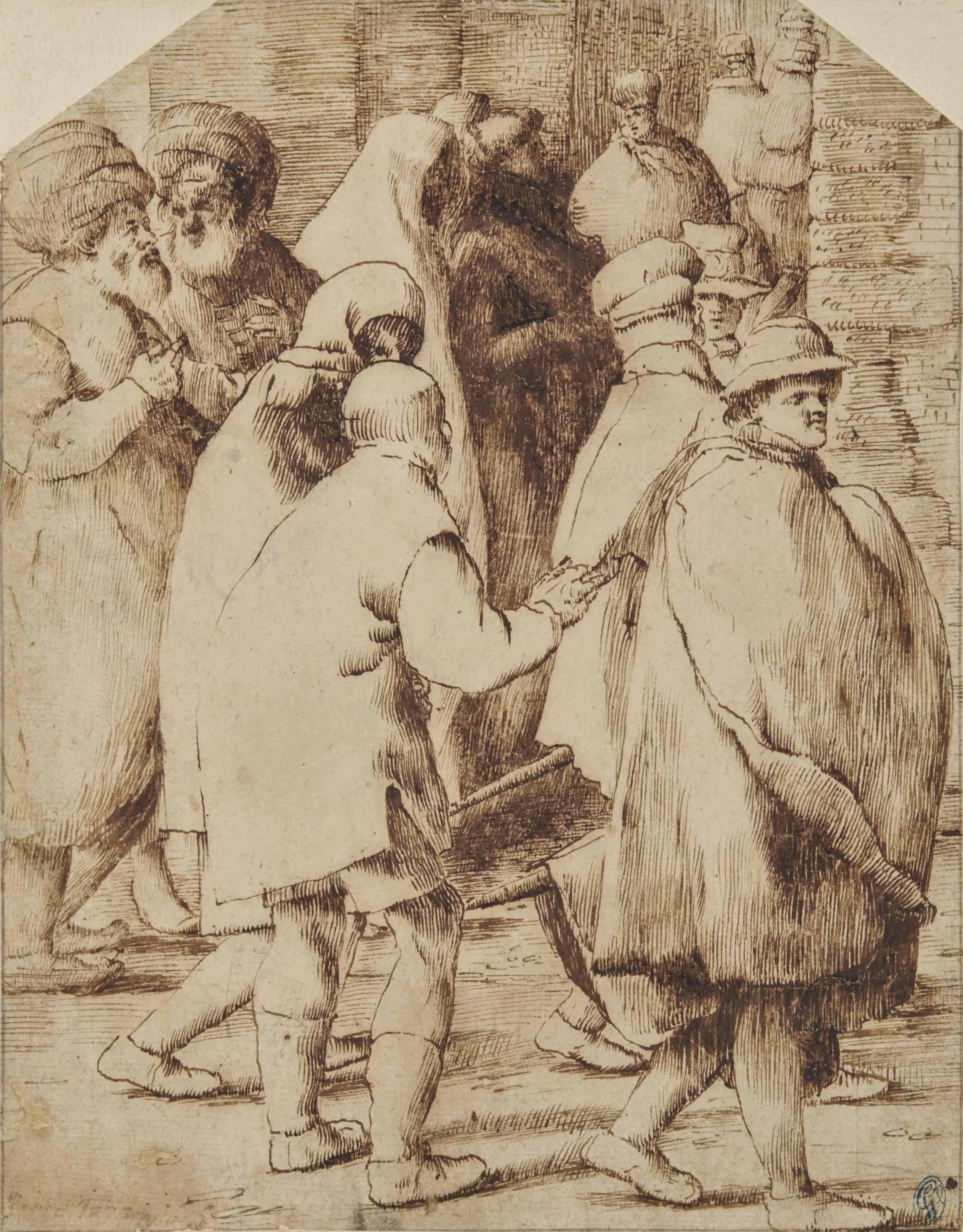 Pietro Faccini - Personnages Portant Des Capes Et Marchant Dans Une Rue
