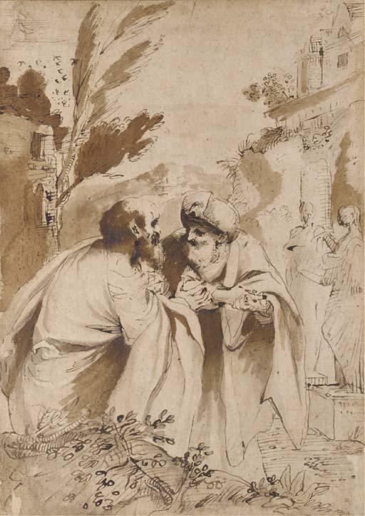 Pietro Faccini - The two Elders conversing, Susannah in the background entering the bath